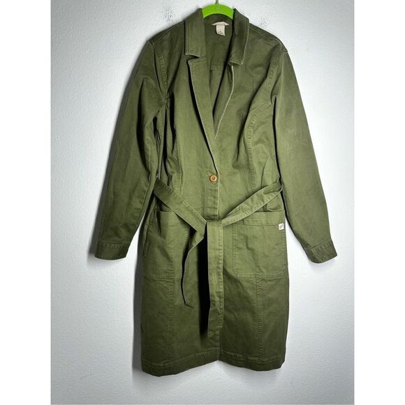 Duluth Trading Co Denim Trench Jacket Womens Long Sleeve Button Belted SzM EUC